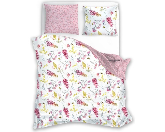 Bavlněné saténové povlečení Milagro Verde 019 160x200 cm + 2x 70x80 cm bílé/růžové