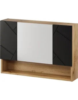 Závěsná koupelnová skříňka se zrcadlem Mazi 58 80 cm dub Wotan/černá
